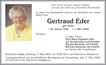 Traueranzeige von Gertraud Eder von Allgäuer Zeitung,Kempten