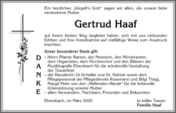 Traueranzeige von Gertrud Haaf von Allgäuer Zeitung, Marktoberdorf