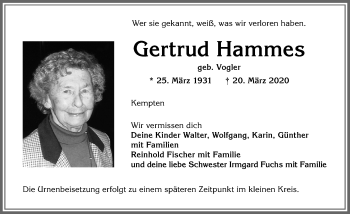 Traueranzeige von Gertrud Hammes von Allgäuer Zeitung,Kempten