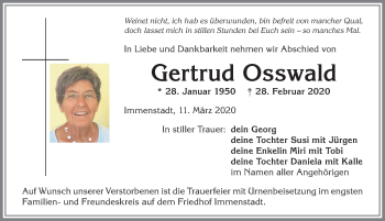 Traueranzeige von Gertrud Osswald von Allgäuer Anzeigeblatt