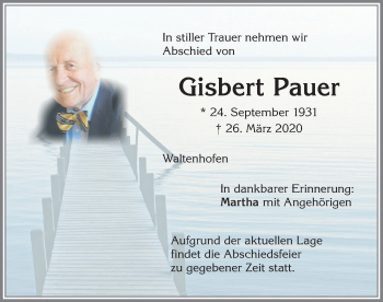 Traueranzeige von Gisbert Pauer von Allgäuer Zeitung,Kempten
