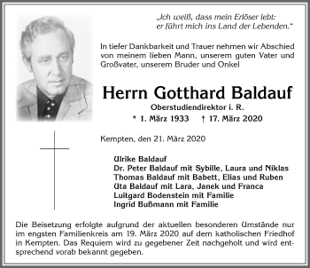 Traueranzeige von Gotthard Baldauf von Allgäuer Zeitung