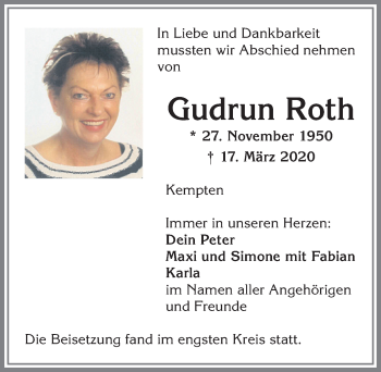 Traueranzeige von Gudrun Roth von Allgäuer Zeitung,Kempten
