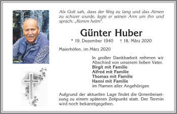 Traueranzeige von Günter Huber von Der Westallgäuer