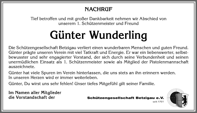  Traueranzeige für Günter Wunderling vom 10.03.2020 aus Allgäuer Zeitung,Kempten