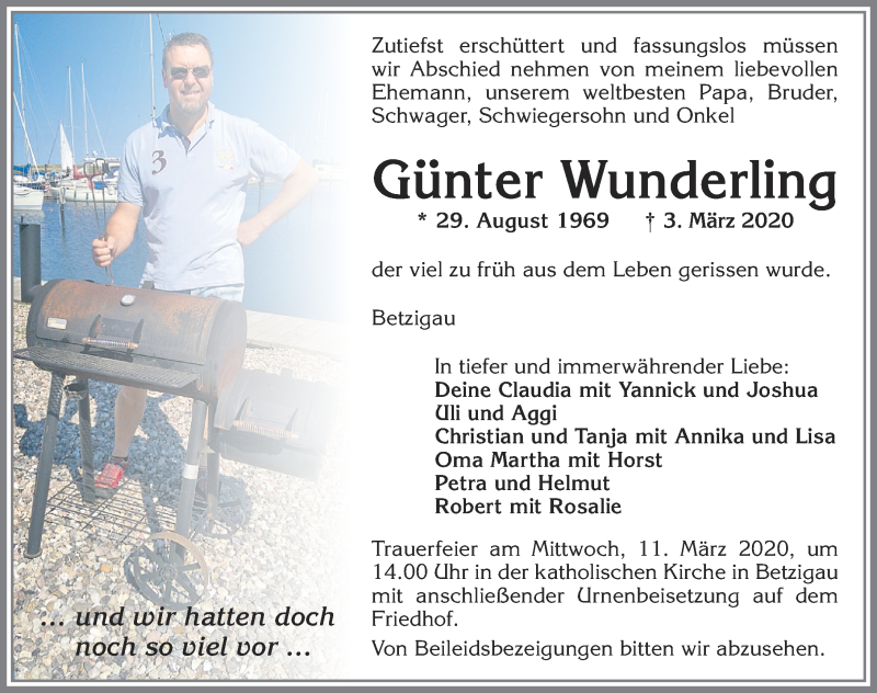  Traueranzeige für Günter Wunderling vom 07.03.2020 aus Allgäuer Zeitung,Kempten