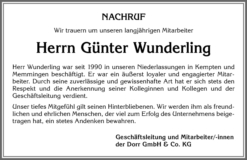  Traueranzeige für Günter Wunderling vom 10.03.2020 aus Allgäuer Zeitung