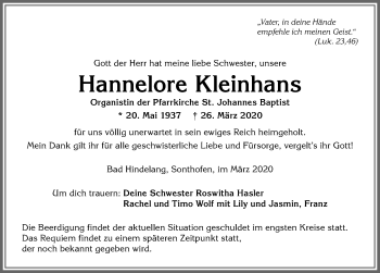 Traueranzeige von Hannelore Kleinhans von Allgäuer Anzeigeblatt