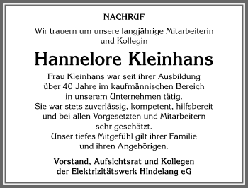 Traueranzeige von Hannelore Kleinhans von Allgäuer Anzeigeblatt