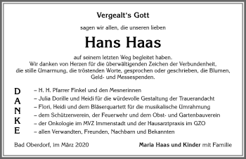 Traueranzeige von Hans Haas von Allgäuer Anzeigeblatt