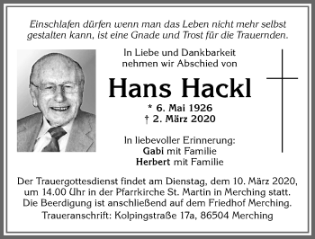 Traueranzeige von Hans Hackl von Allgäuer Zeitung, Kaufbeuren/Buchloe