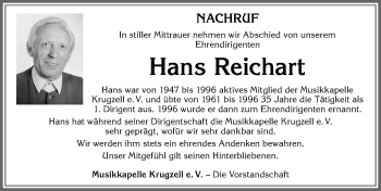 Traueranzeige von Hans Reichart von Allgäuer Zeitung,Kempten
