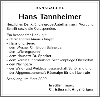 Traueranzeige von Hans Tannheimer von Allgäuer Anzeigeblatt
