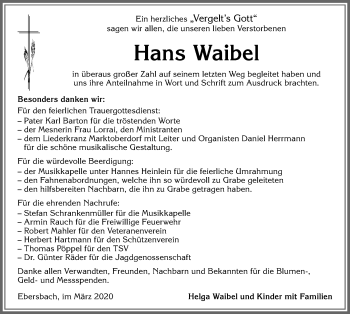 Traueranzeige von Hans Waibel von Allgäuer Zeitung, Marktoberdorf