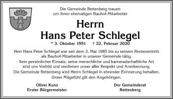 Traueranzeige von Hans Peter Schlegel von Allgäuer Anzeigeblatt