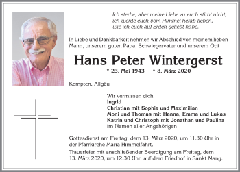 Traueranzeige von Hans Peter Wintergerst von Allgäuer Zeitung,Kempten