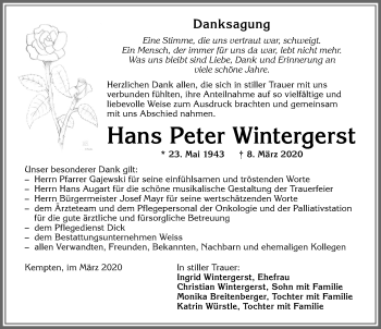 Traueranzeige von Hans Peter Wintergerst von Allgäuer Zeitung,Kempten