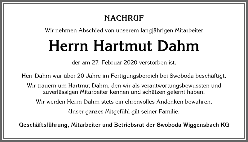  Traueranzeige für Hartmut Dahm vom 11.03.2020 aus Allgäuer Zeitung