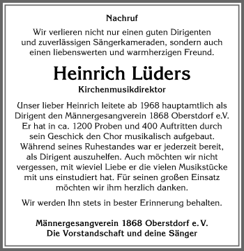 Traueranzeige von Heinrich Lüders von Allgäuer Anzeigeblatt