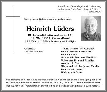 Traueranzeige von Heinrich Lüders von Allgäuer Anzeigeblatt