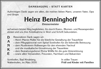 Traueranzeige von Heinz Benninghoff von Allgäuer Anzeigeblatt