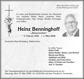 Traueranzeige von Heinz Benninghoff von Allgäuer Anzeigeblatt