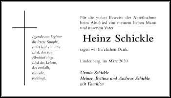 Traueranzeige von Heinz Schickle von Der Westallgäuer