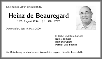 Traueranzeige von Heinz de Beauregard von Allgäuer Anzeigeblatt