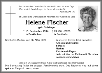 Traueranzeige von Helene Fischer von Allgäuer Anzeigeblatt