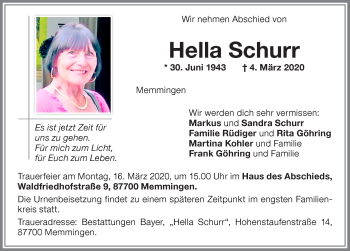 Traueranzeige von Hella Schurr von Memminger Zeitung