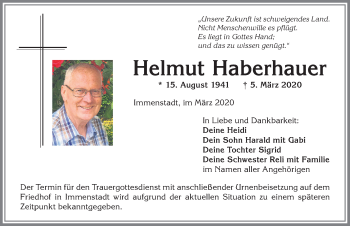 Traueranzeige von Helmut Haberhauer von Allgäuer Anzeigeblatt