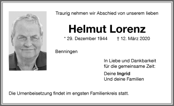 Traueranzeige von Helmut Lorenz von Memminger Zeitung