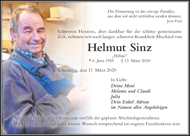  Traueranzeige für Helmut Sinz vom 17.03.2020 aus Der Westallgäuer