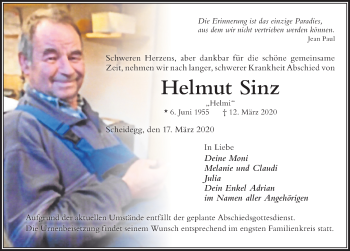 Traueranzeige von Helmut Sinz von Der Westallgäuer
