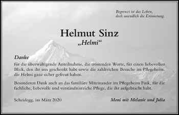 Traueranzeige von Helmut Sinz von Der Westallgäuer