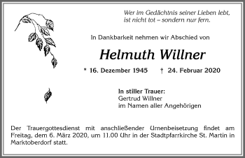 Traueranzeige von Helmuth Willner von Allgäuer Zeitung, Marktoberdorf
