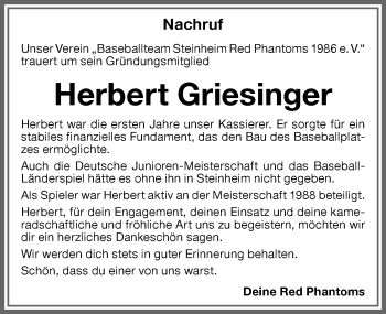 Traueranzeige von Herbert Griesinger von Memminger Zeitung