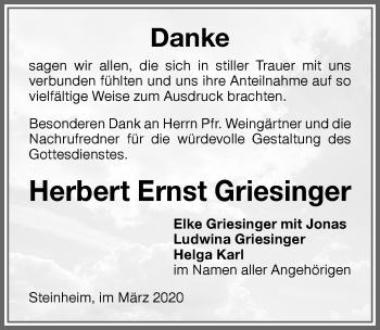 Traueranzeige von Herbert Ernst Griesinger von Memminger Zeitung