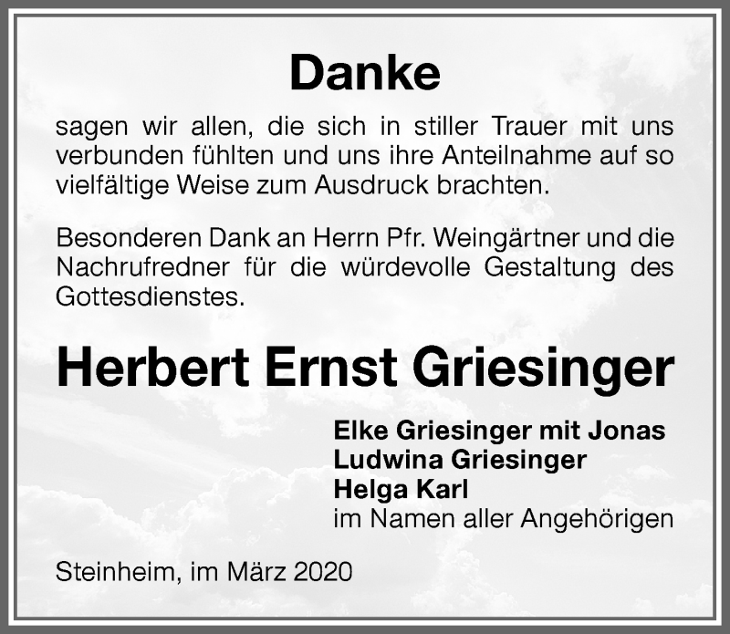  Traueranzeige für Herbert Ernst Griesinger vom 07.03.2020 aus Memminger Zeitung