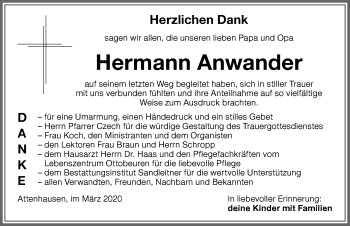 Traueranzeige von Hermann Anwander von Memminger Zeitung