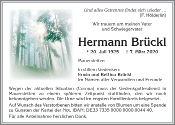Traueranzeige von Hermann Brückl von Allgäuer Zeitung, Kaufbeuren/Buchloe
