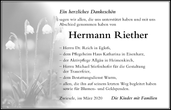 Traueranzeige von Hermann Riether von Der Westallgäuer