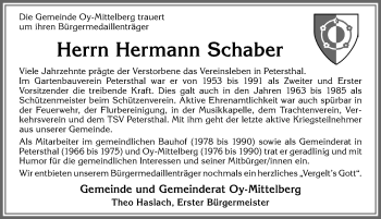 Traueranzeige von Hermann Schaber von Allgäuer Zeitung,Kempten