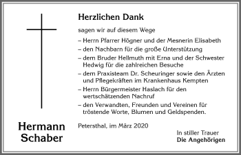 Traueranzeige von Hermann Schaber von Allgäuer Zeitung,Kempten