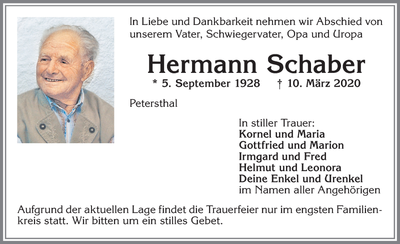  Traueranzeige für Hermann Schaber vom 20.03.2020 aus Allgäuer Zeitung