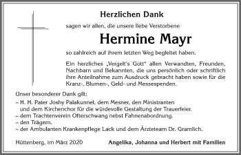 Traueranzeige von Hermine Mayr von Allgäuer Anzeigeblatt