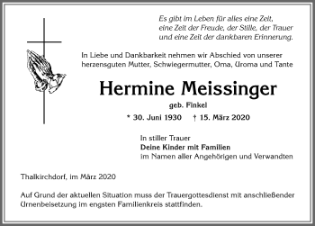 Traueranzeige von Hermine Meissinger von Allgäuer Anzeigeblatt