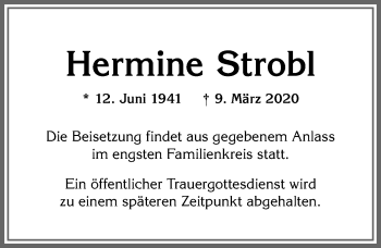 Traueranzeige von Hermine Strobl von Allgäuer Zeitung, Marktoberdorf