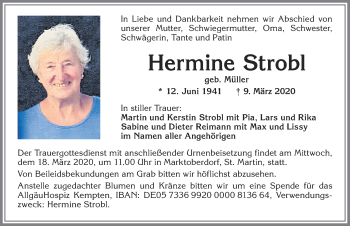Traueranzeige von Hermine Strobl von Allgäuer Zeitung, Marktoberdorf