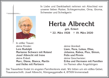 Traueranzeige von Herta Albrecht von Allgäuer Anzeigeblatt
